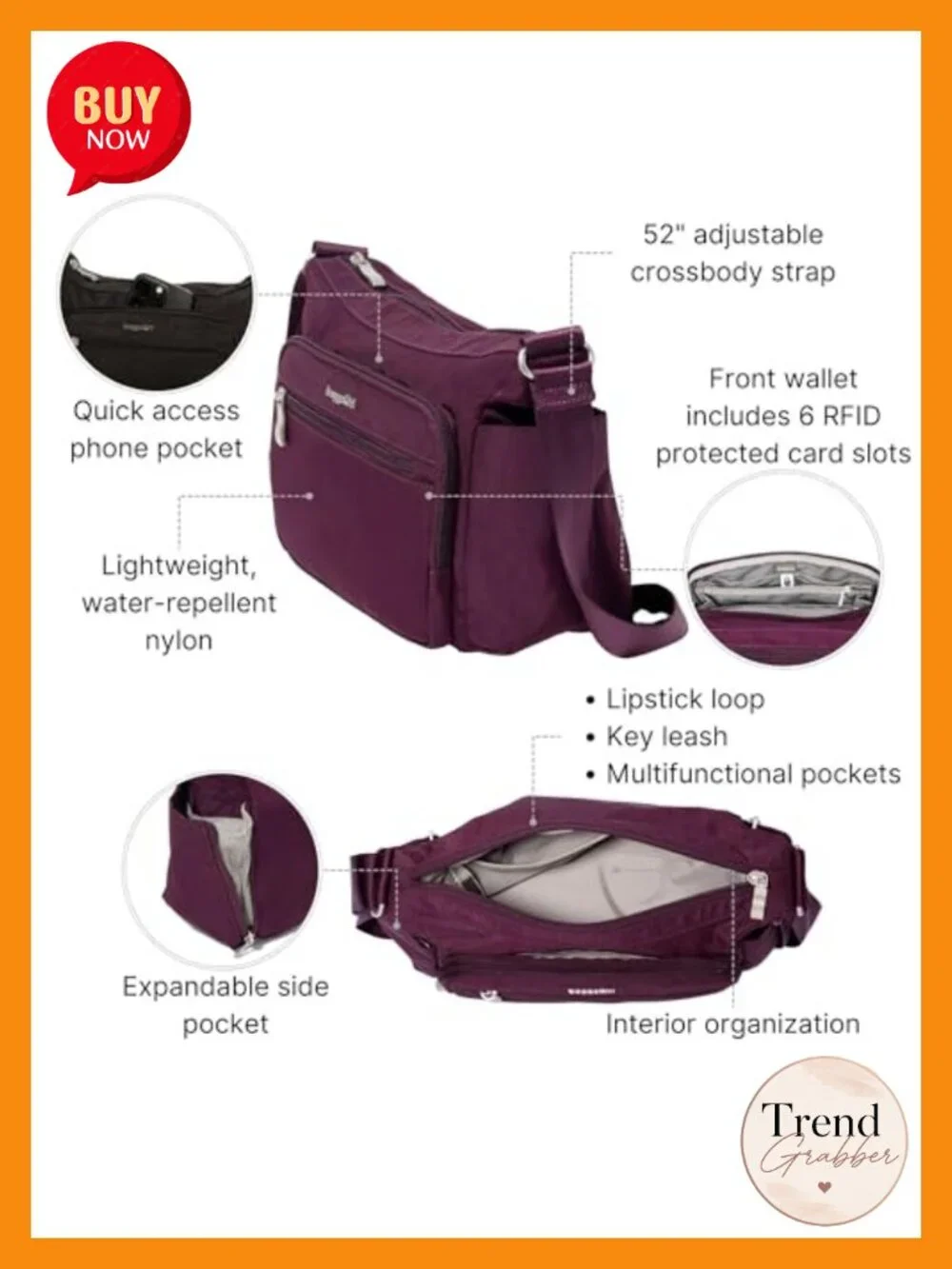 Hobo Crossbody Bag with RFID Wallet and Water Bottle Holder